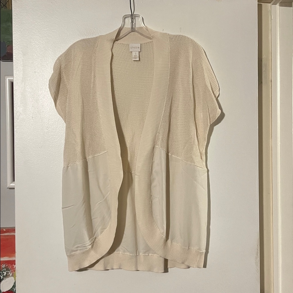 Chicos cream cap sleeve cardigan   Open weave knit on top. Chiffon on bottom